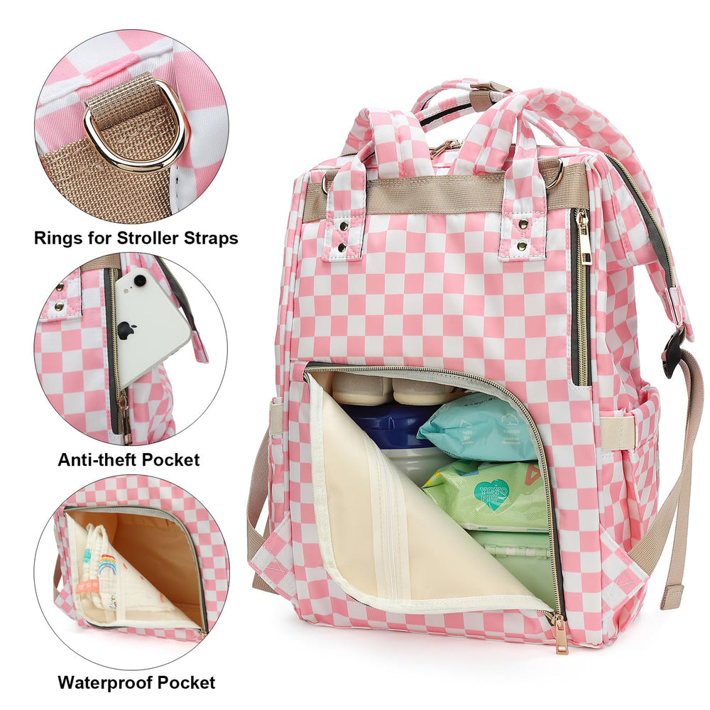 Dezcrab checkered pink diaper bag insulated bottle pockets keep bottles warm.