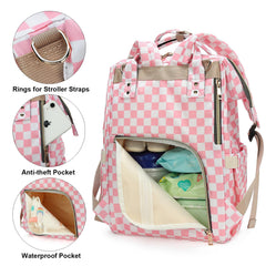 Dezcrab checkered pink diaper bag insulated bottle pockets keep bottles warm.