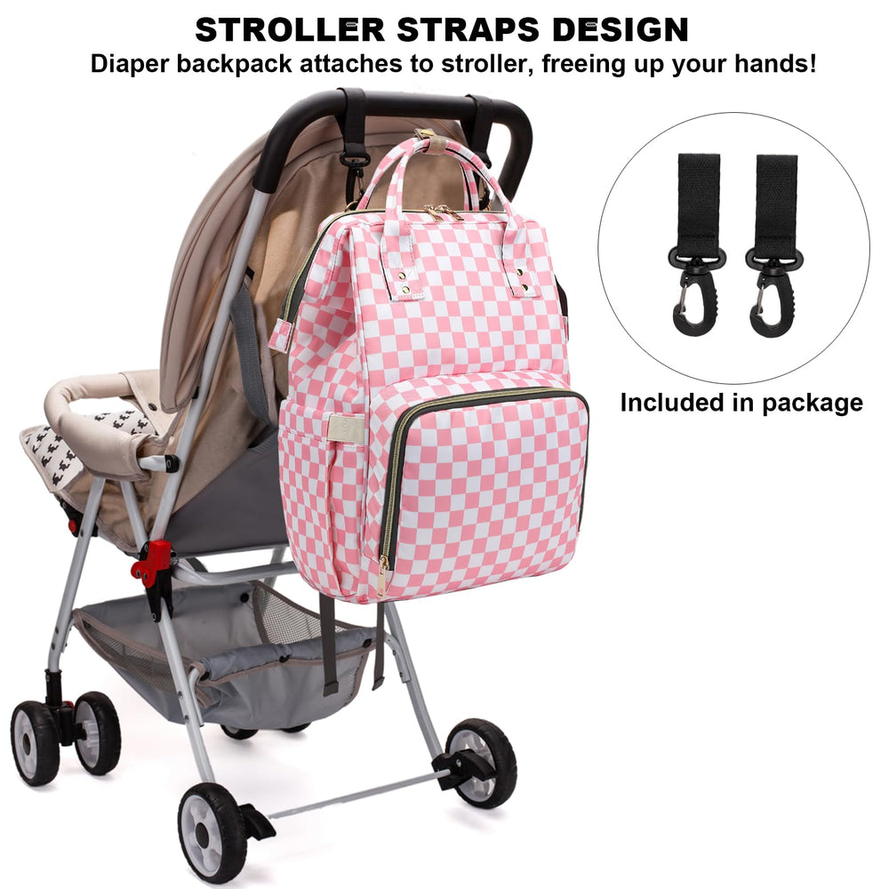 Dezcrab checkered pink diaper bag side pocket for wipes or bottles within reach.
