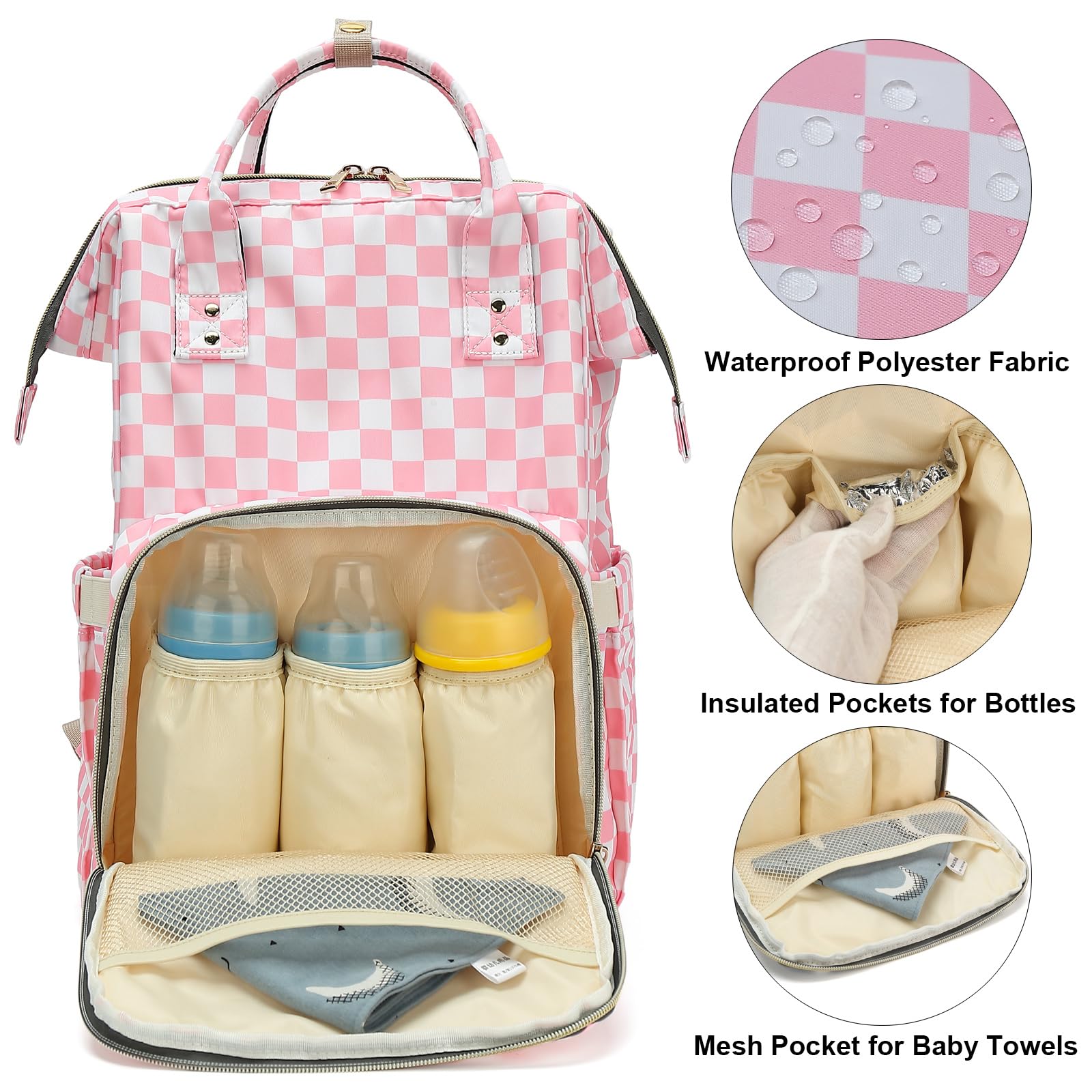 Dezcrab checkered pink diaper bag stroller strap for hands-free outings.