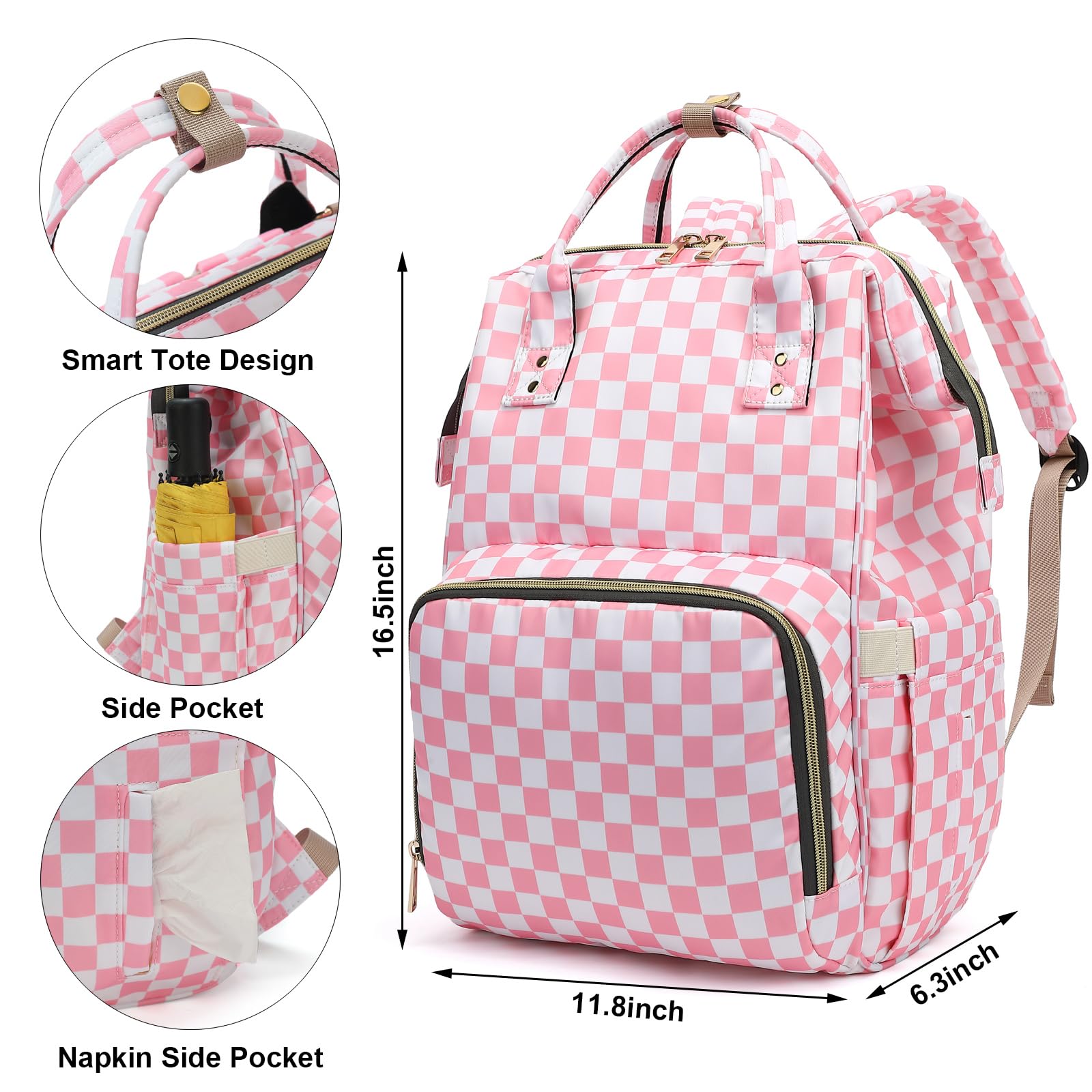 Dezcrab checkered pink diaper bag waterproof fabric keeps gear dry.