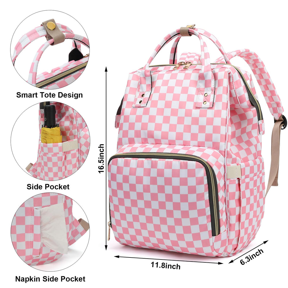 Dezcrab checkered pink diaper bag waterproof fabric keeps gear dry.