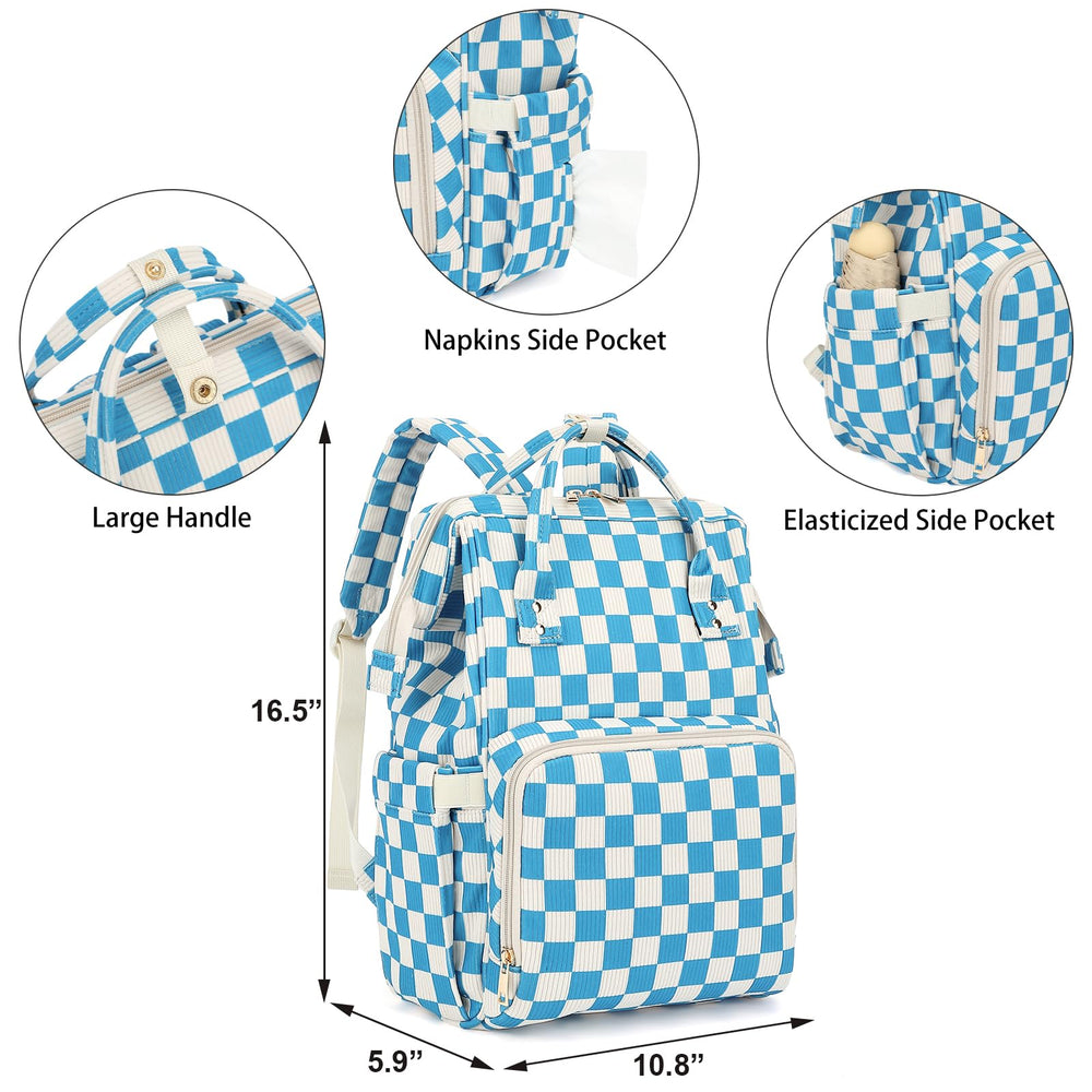 Dezcrab corduroy checkered blue detail elevates mom-on-the-go style