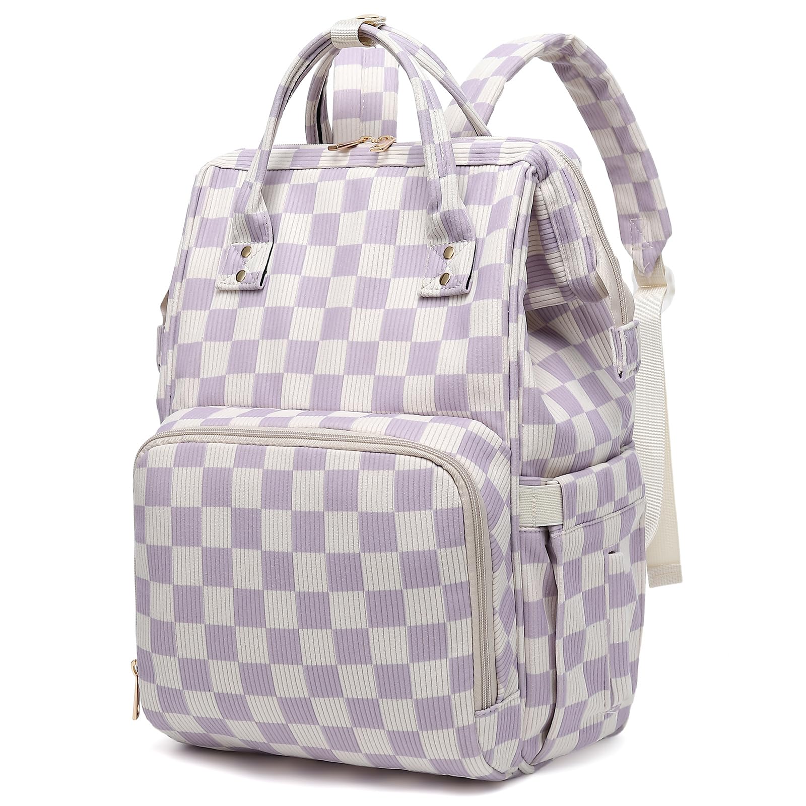 Dezcrab corduroy diaper backpack front view with insulated bottle pockets for on-the-go feeding.