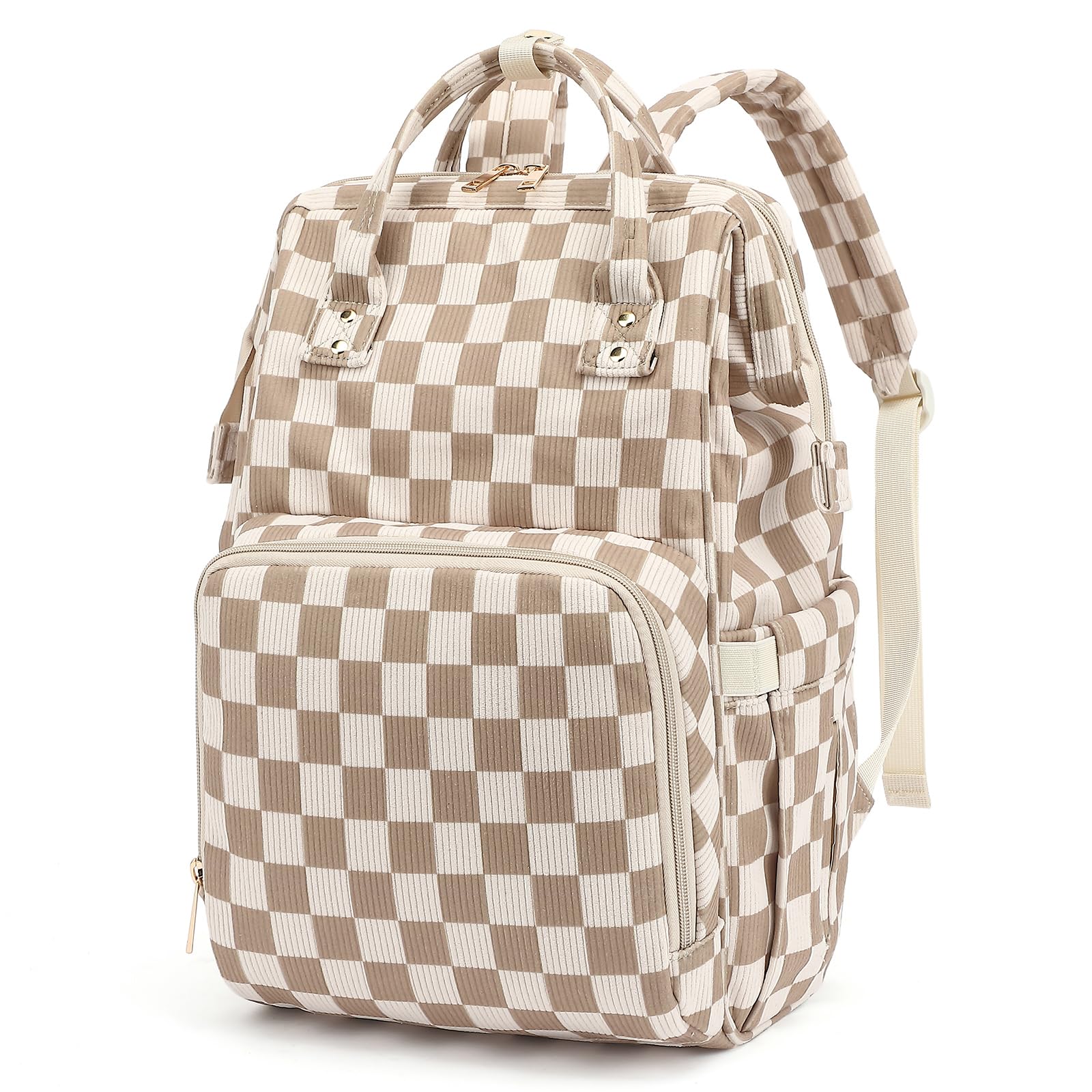 Dezcrab corduroy diaper backpack front view showing large main compartment for quick access
