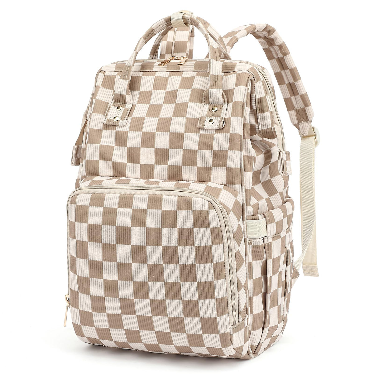 Dezcrab corduroy diaper backpack front view showing large main compartment for quick access