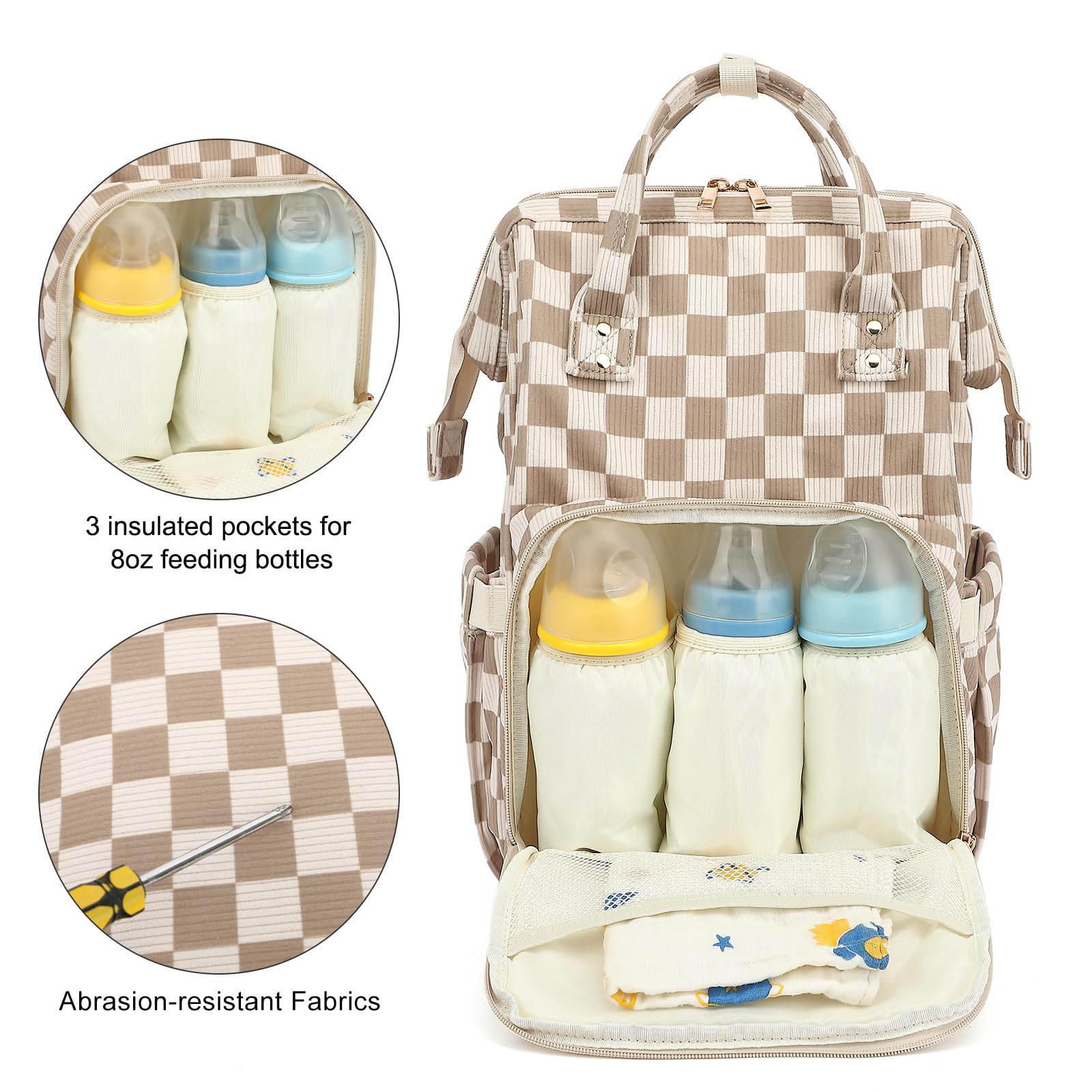 Dezcrab corduroy bag highlighting insulated bottle pockets for on-the-go feeding