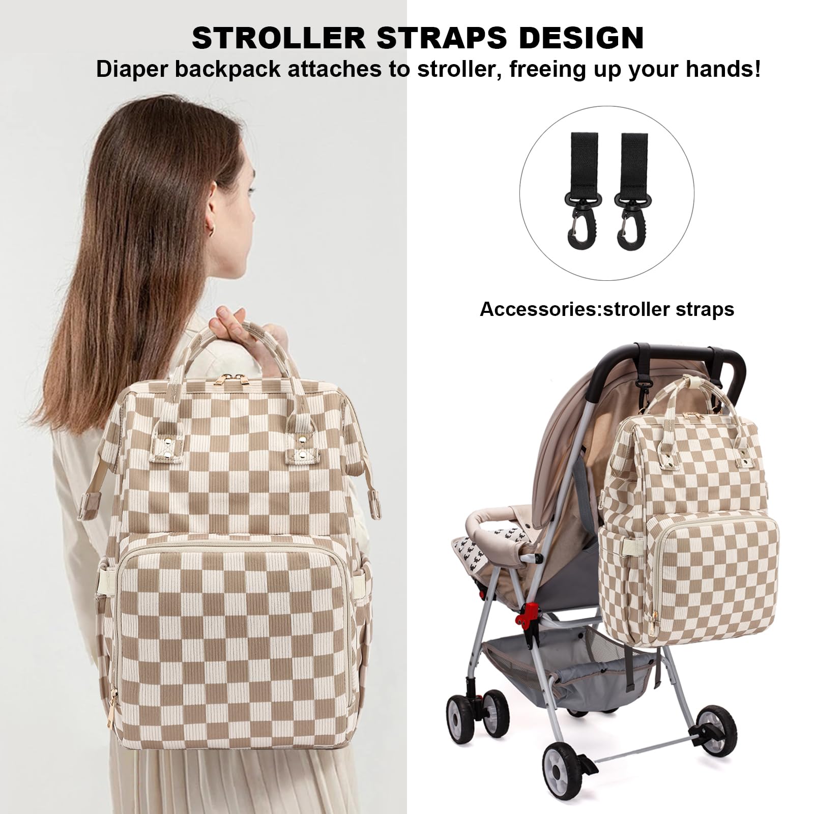 Dezcrab diaper backpack with stroller straps attached to a stroller for hands-free use