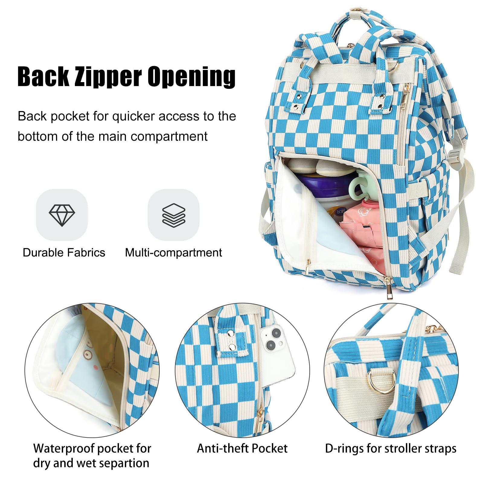 Dezcrab corduroy diaper backpack wide-opening main compartment for easy access