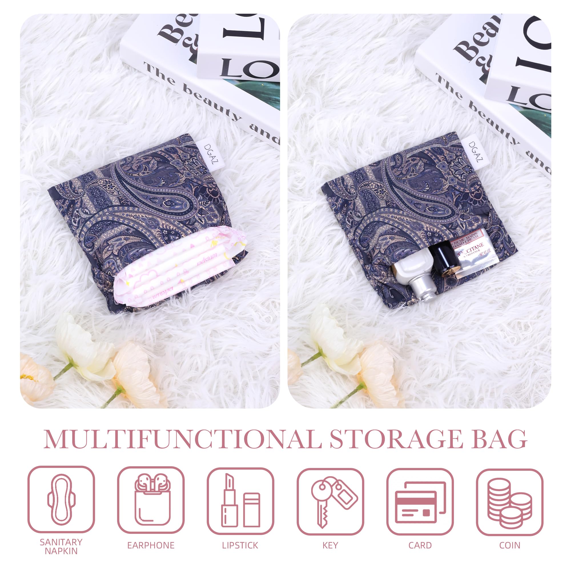 Multi-use storage bag for cosmetics and tampons, blue paisley.