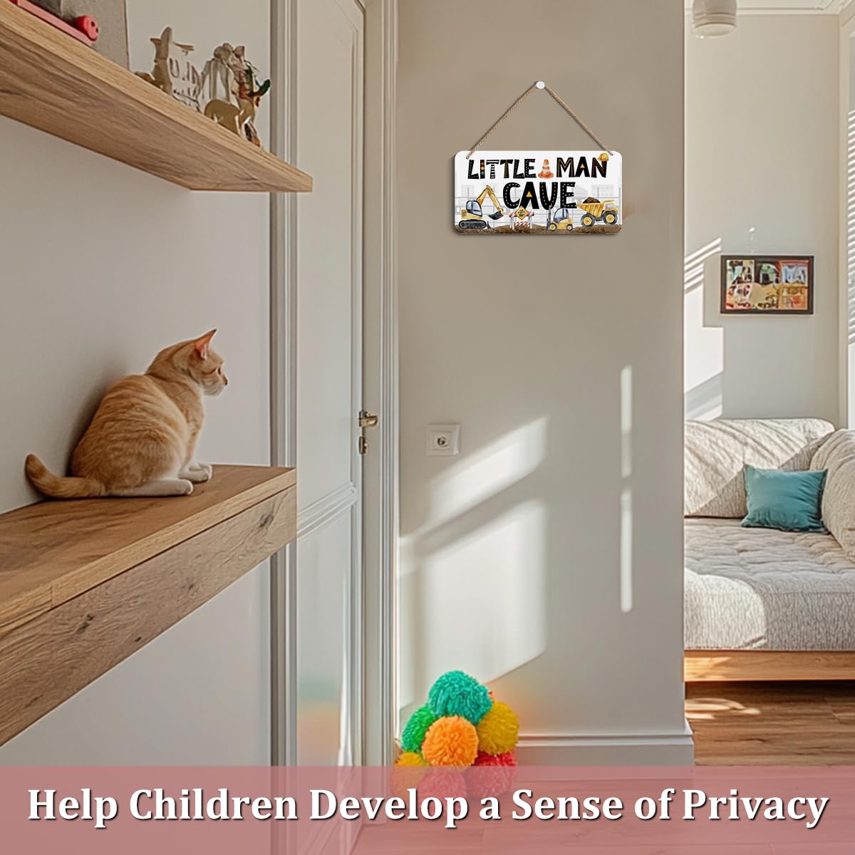 DHKG Little Man Cave sign with construction trucks theme enhances a boys room