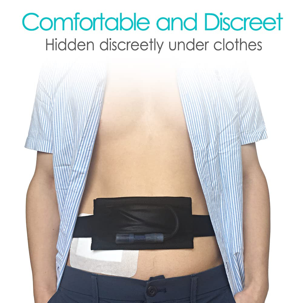 DiaBelt transfer set pocket keeps tubing organized on the go.