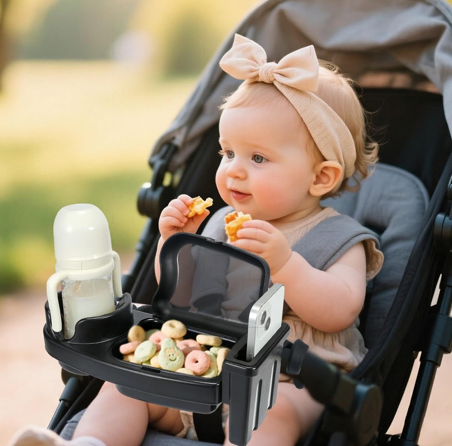 Diancy universal snack tray with cup holder keeps drinks within reach.