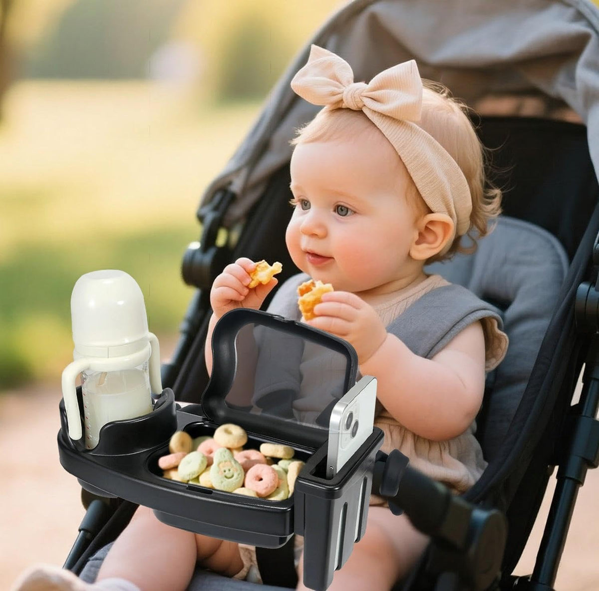 Diancy universal snack tray with cup holder keeps drinks within reach.
