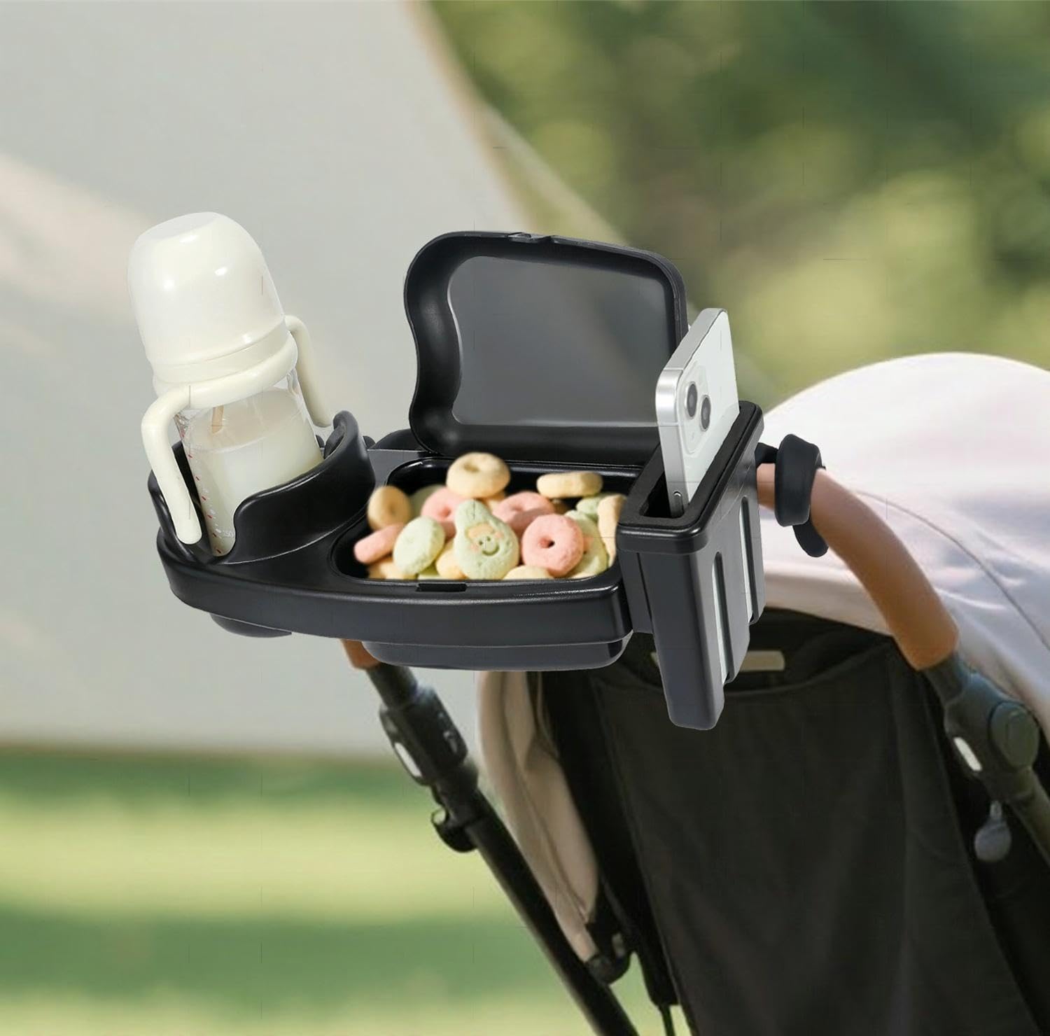 Diancy snack tray with phone holder keeps your device accessible on the go.