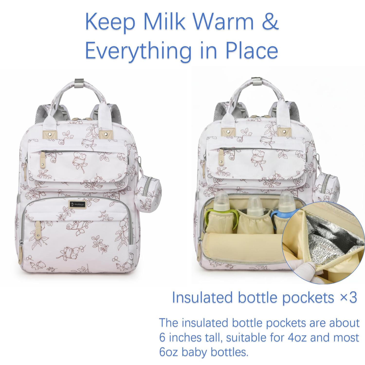 Diaper Bag Backpack insulated front compartment keeps bottles cool