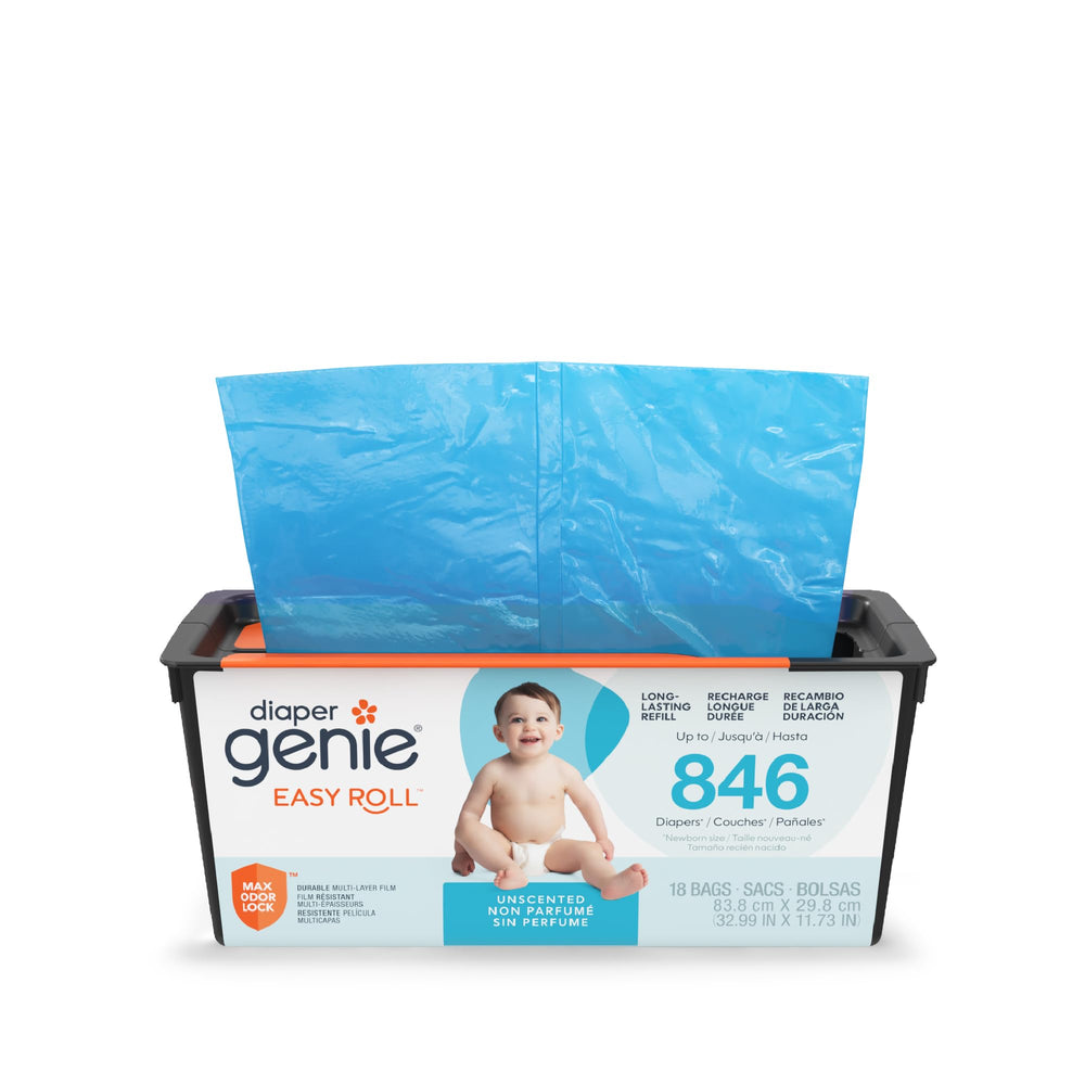 Diaper Genie Easy Roll refill with 18 bags per refill for long-lasting diaper disposal.