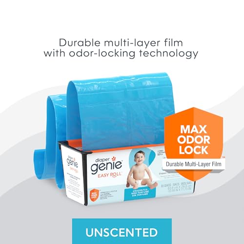 Diaper Genie tear-off bags on a perforated roll for quick disposal.