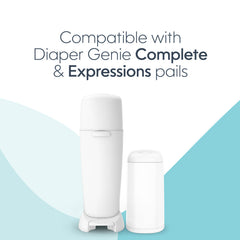 Diaper Genie compatibility image shows Elite, Complete, Expressions pails for versatile nursery setup.