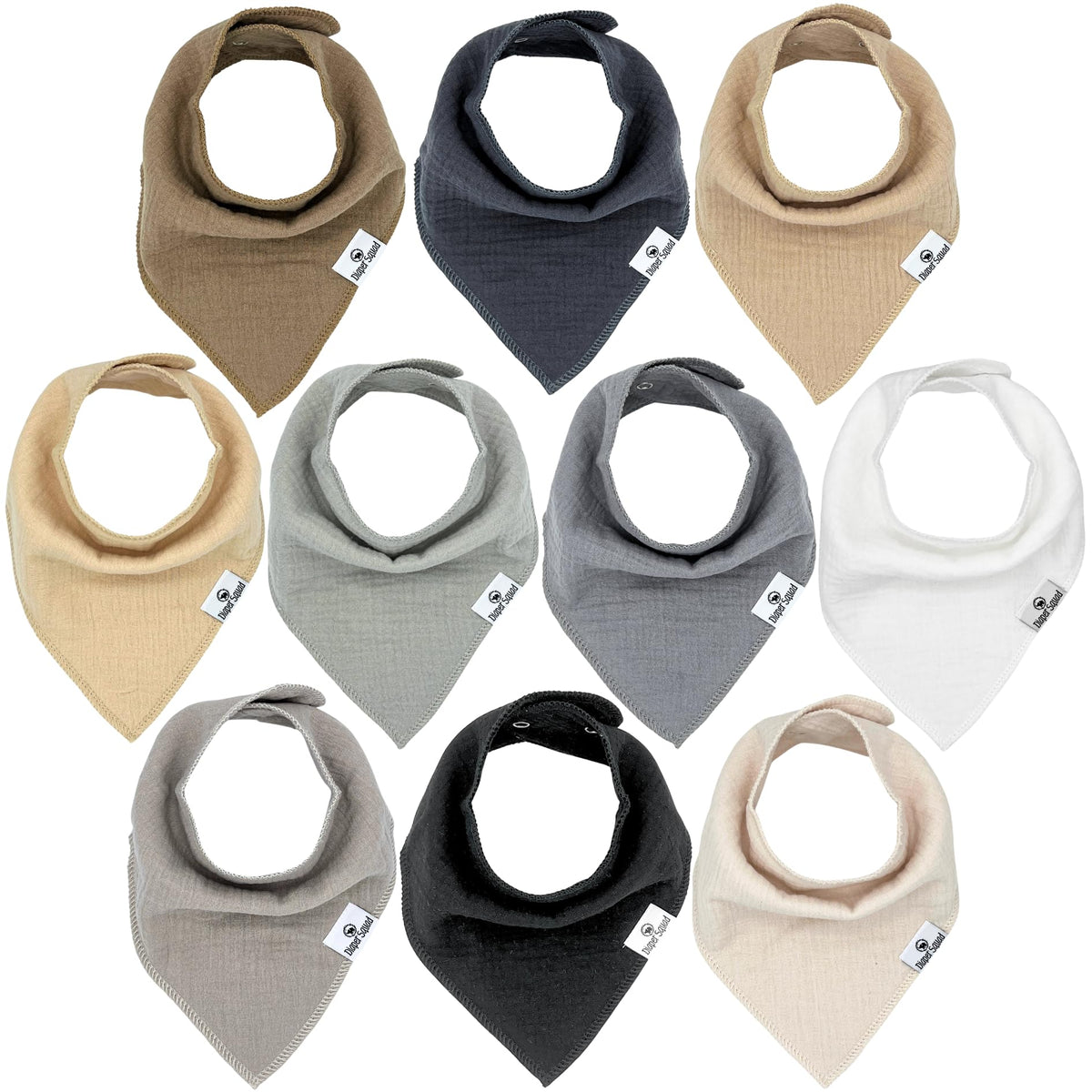 Diaper Squad 10-pack baby bibs flatlay show soft muslin for drool management.