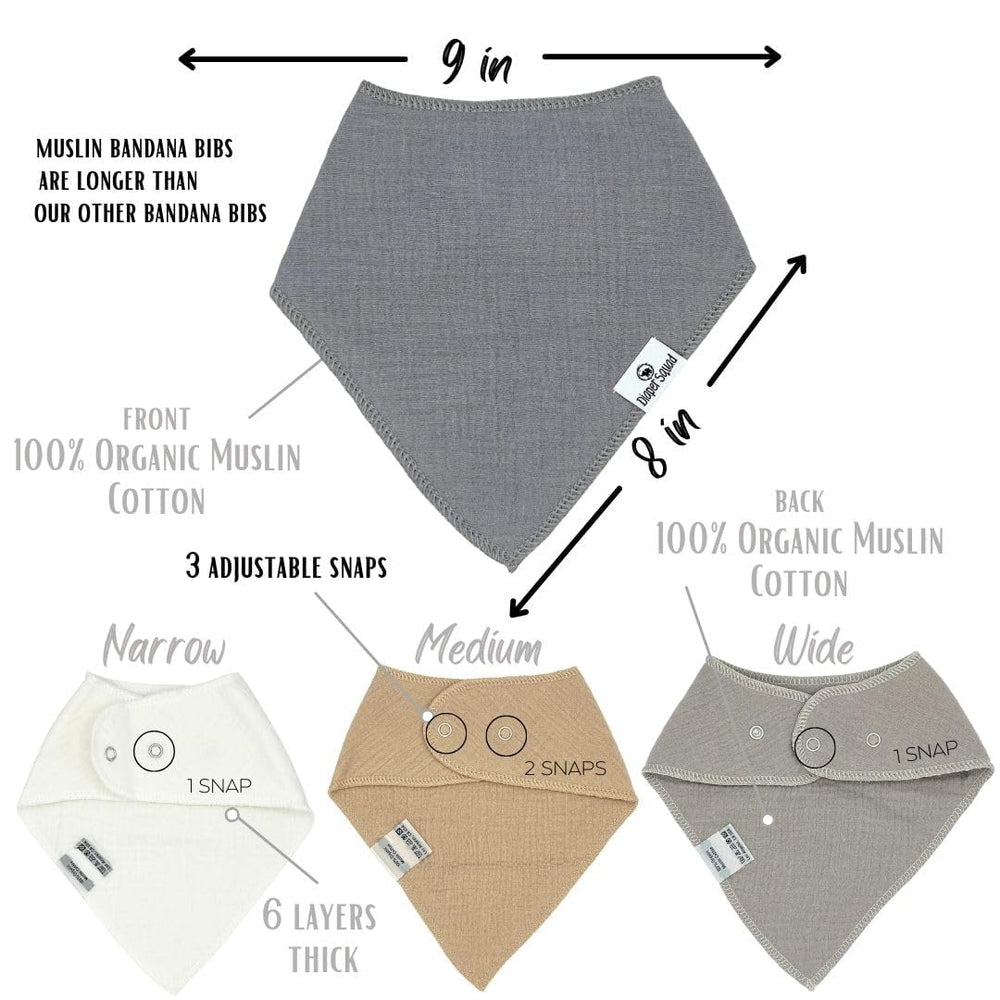 Diaper Squad bibs with adjustable snaps suit 0–36 months.