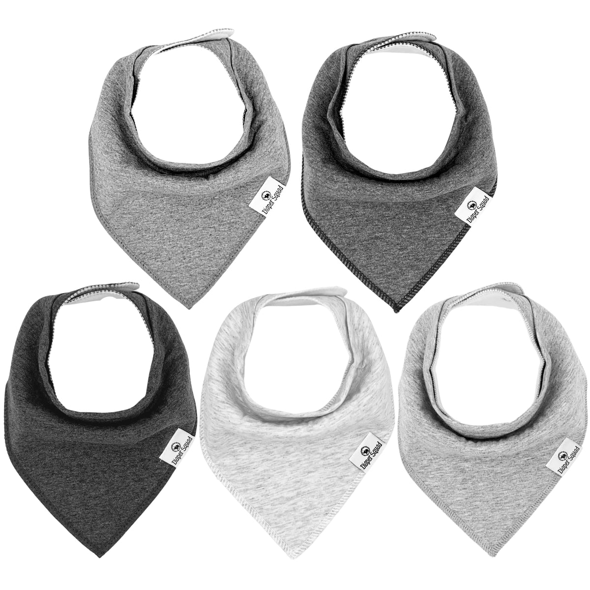 Diaper Squad 5-pack bibs in speckled grey protect clothes from drool.