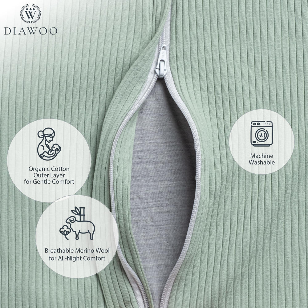 Toddler resting in Diawoo sleep sack in Olive Dew