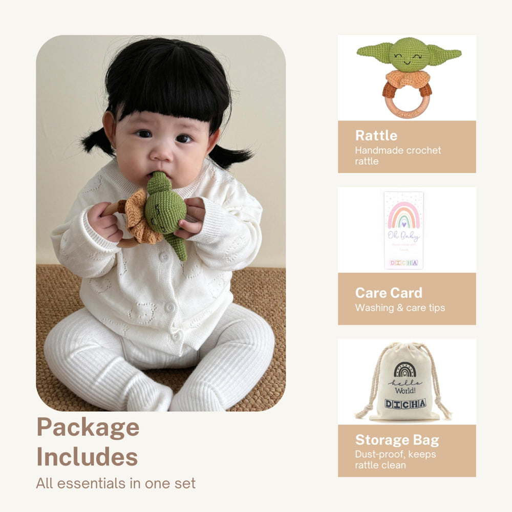DICHA green alien style rattle with playful look