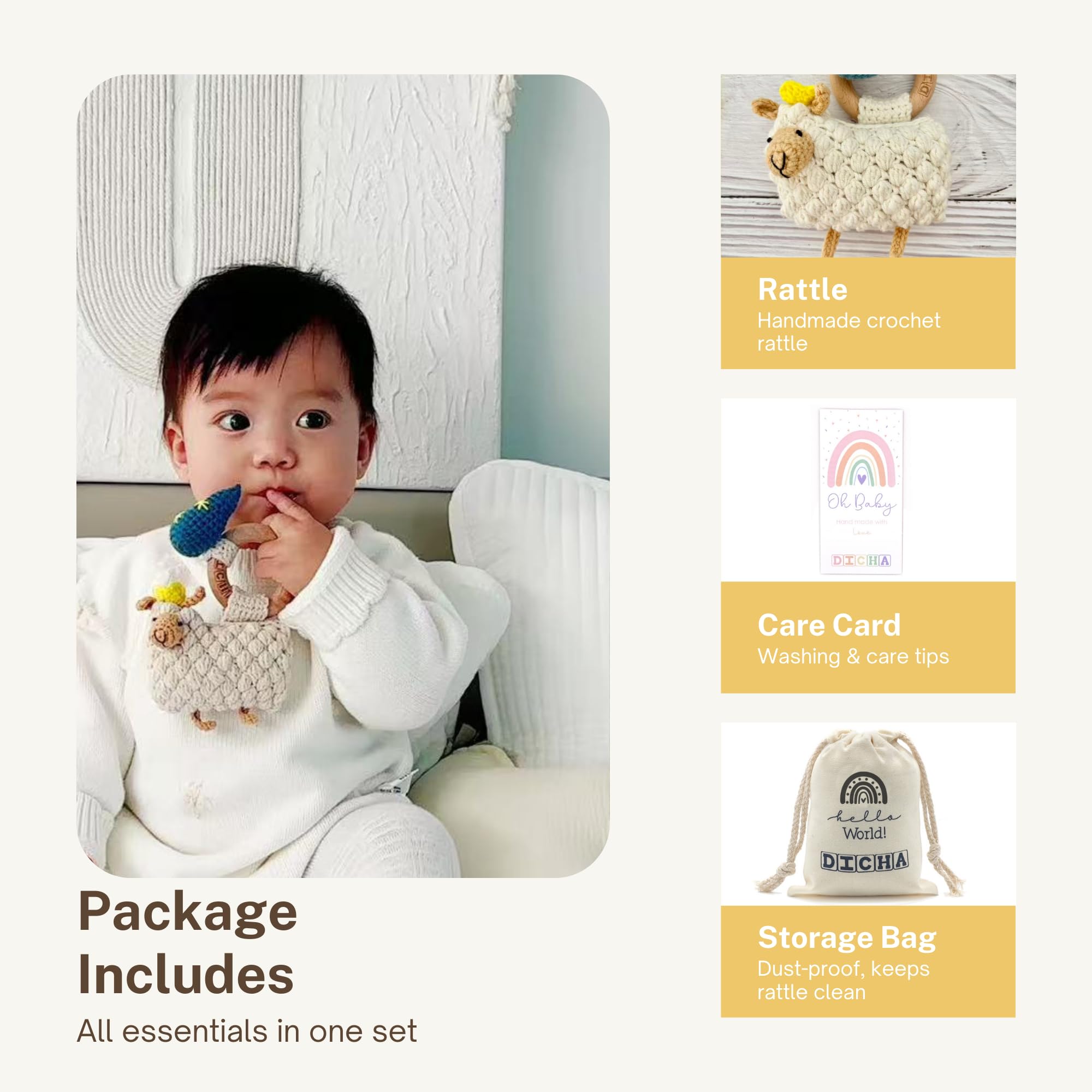 DICHA wood baby rattle animal design serving as a gender-neutral gift.