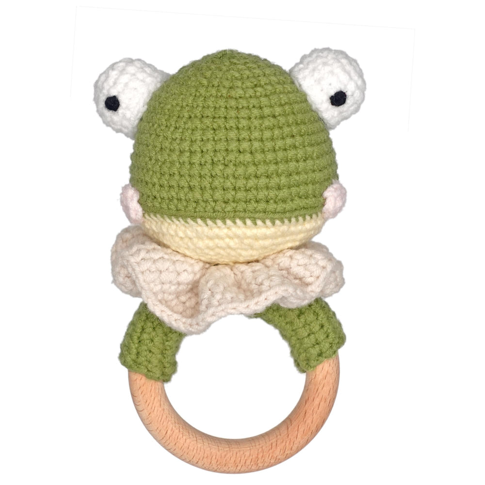 DICHA wood baby rattle frog crochet with gentle bell for sensory play.