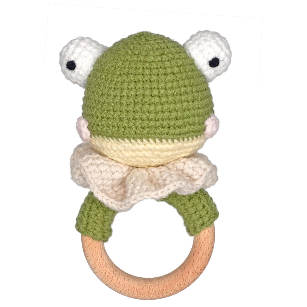 DICHA wood baby rattle frog crochet with gentle bell for sensory play.