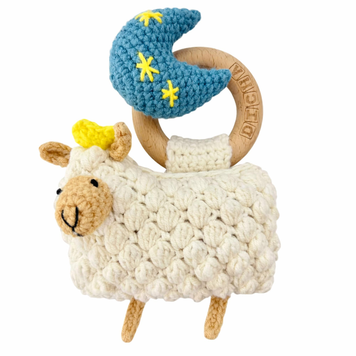 DICHA wood baby rattle sheep crochet close-up showing soft, safe texture for newborns.