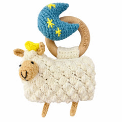 DICHA wood baby rattle sheep crochet close-up showing soft, safe texture for newborns.