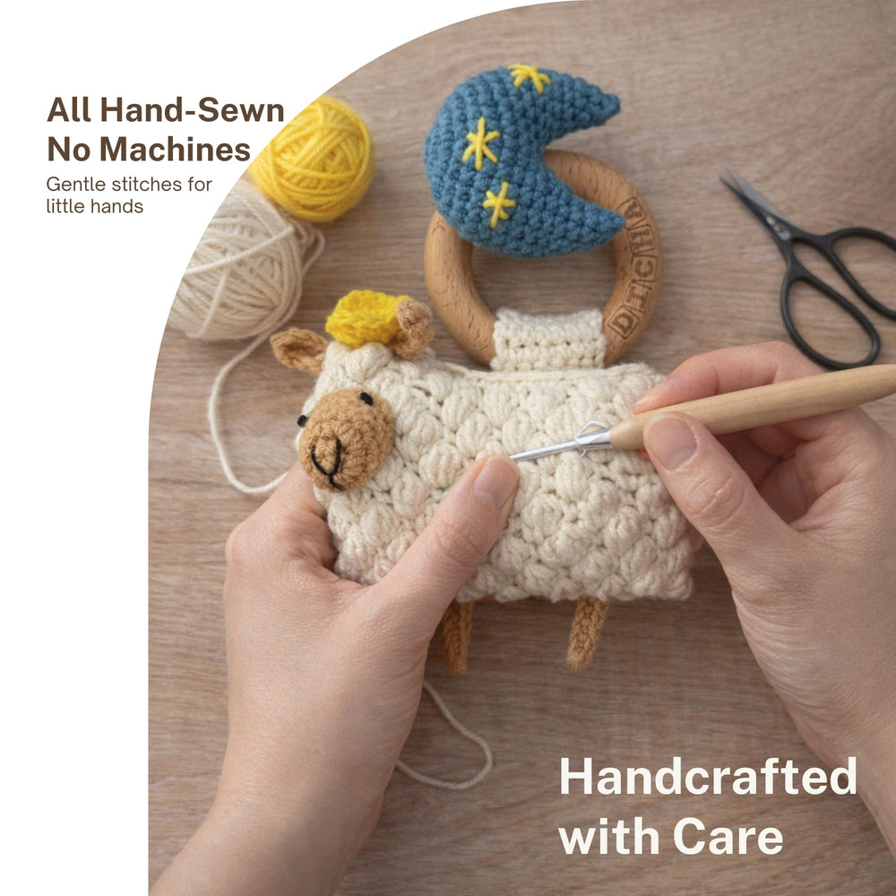 DICHA wood baby rattle crochet material close-up showing eco-friendly cotton.