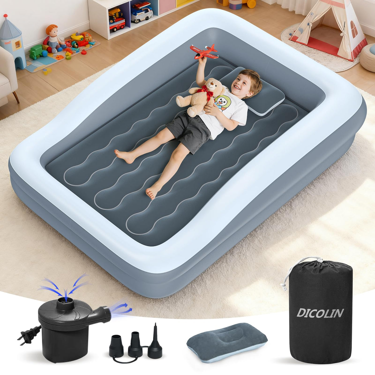 DICOLIN inflatable toddler bed with safety bumper for secure travel sleep