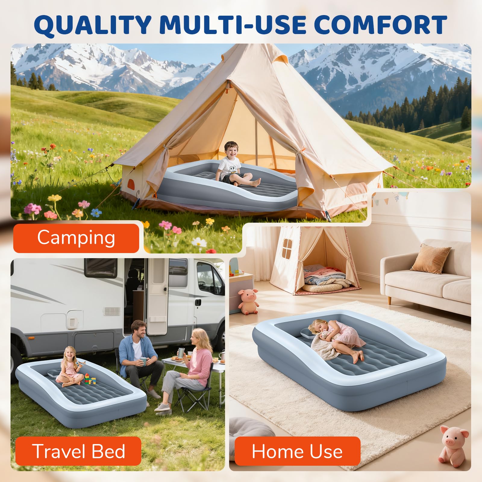 DICOLIN bed featuring a rapid pump inflates in seconds for quick setup