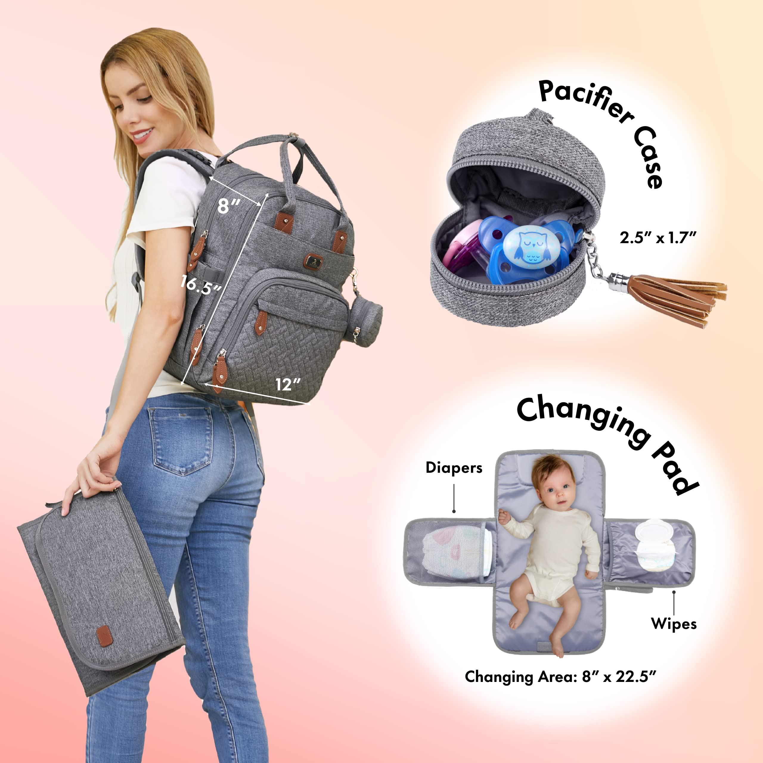 Dikaslon gray diaper bag with stroller straps for hands-free outings