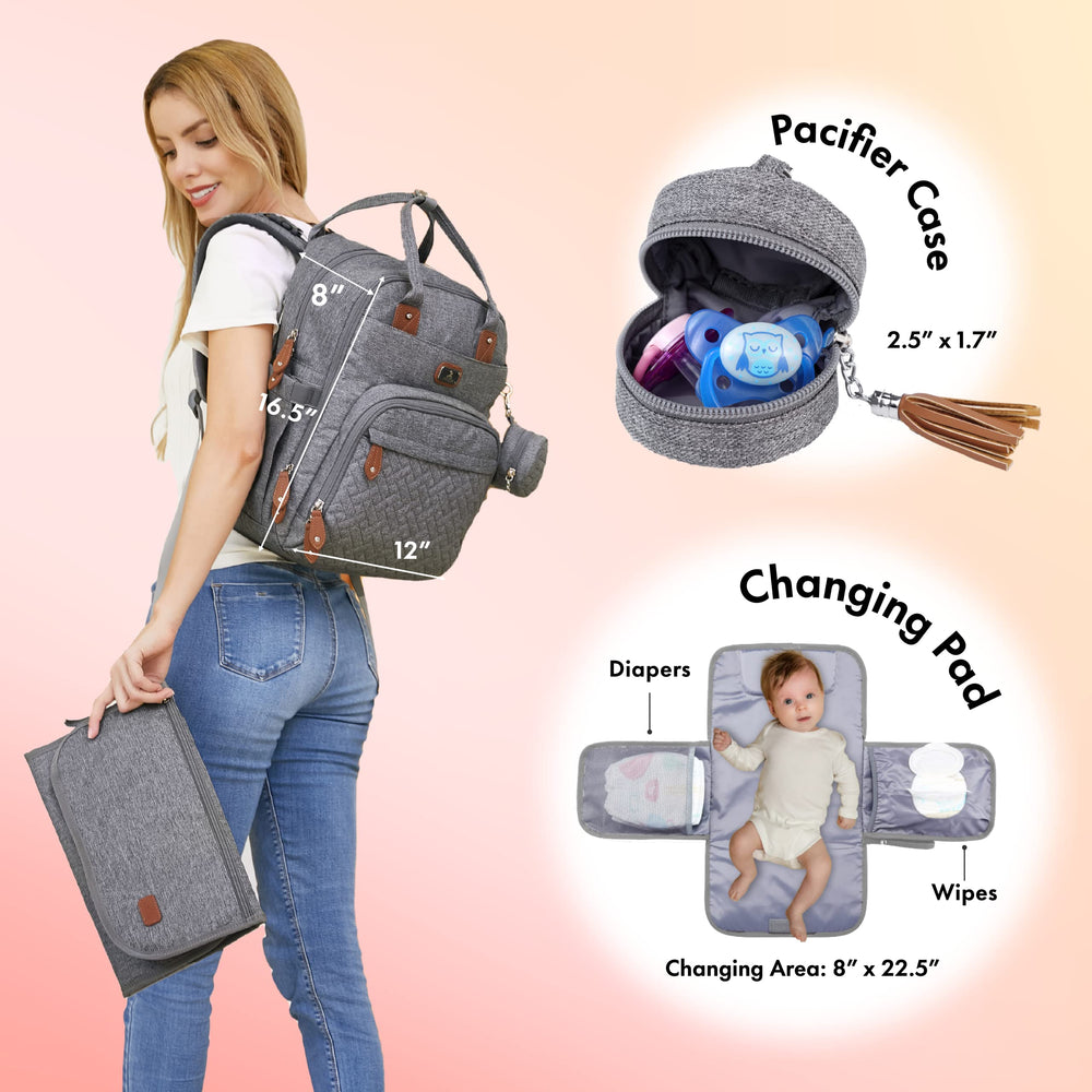 Dikaslon gray diaper bag with stroller straps for hands-free outings