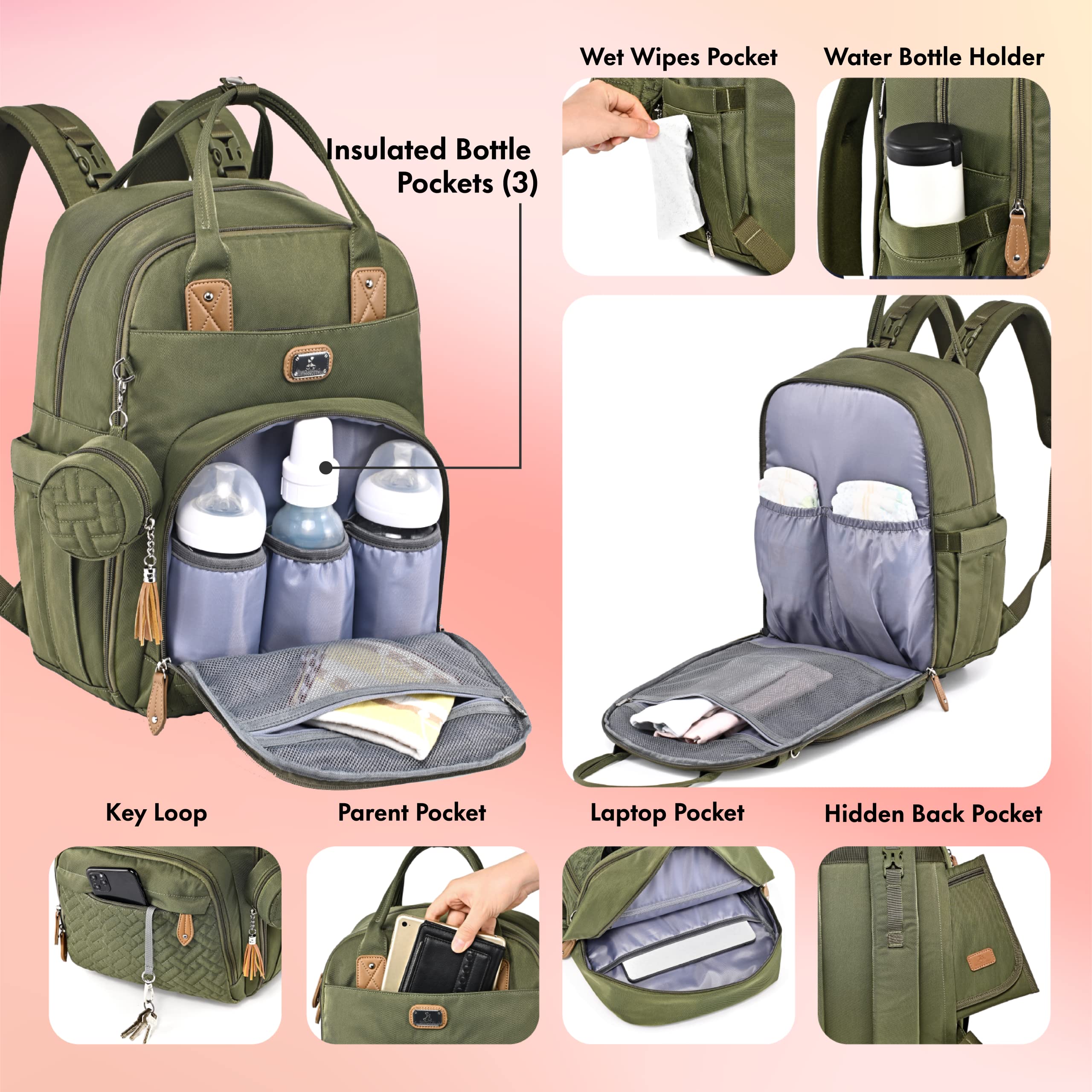 Dikaslon diaper bag backpack insulated pockets for bottles and snacks