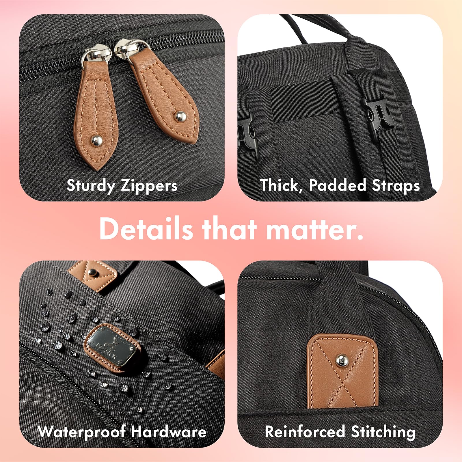 Dikaslon diaper bag backpack waterproof fabric resists spills and cleans easily.