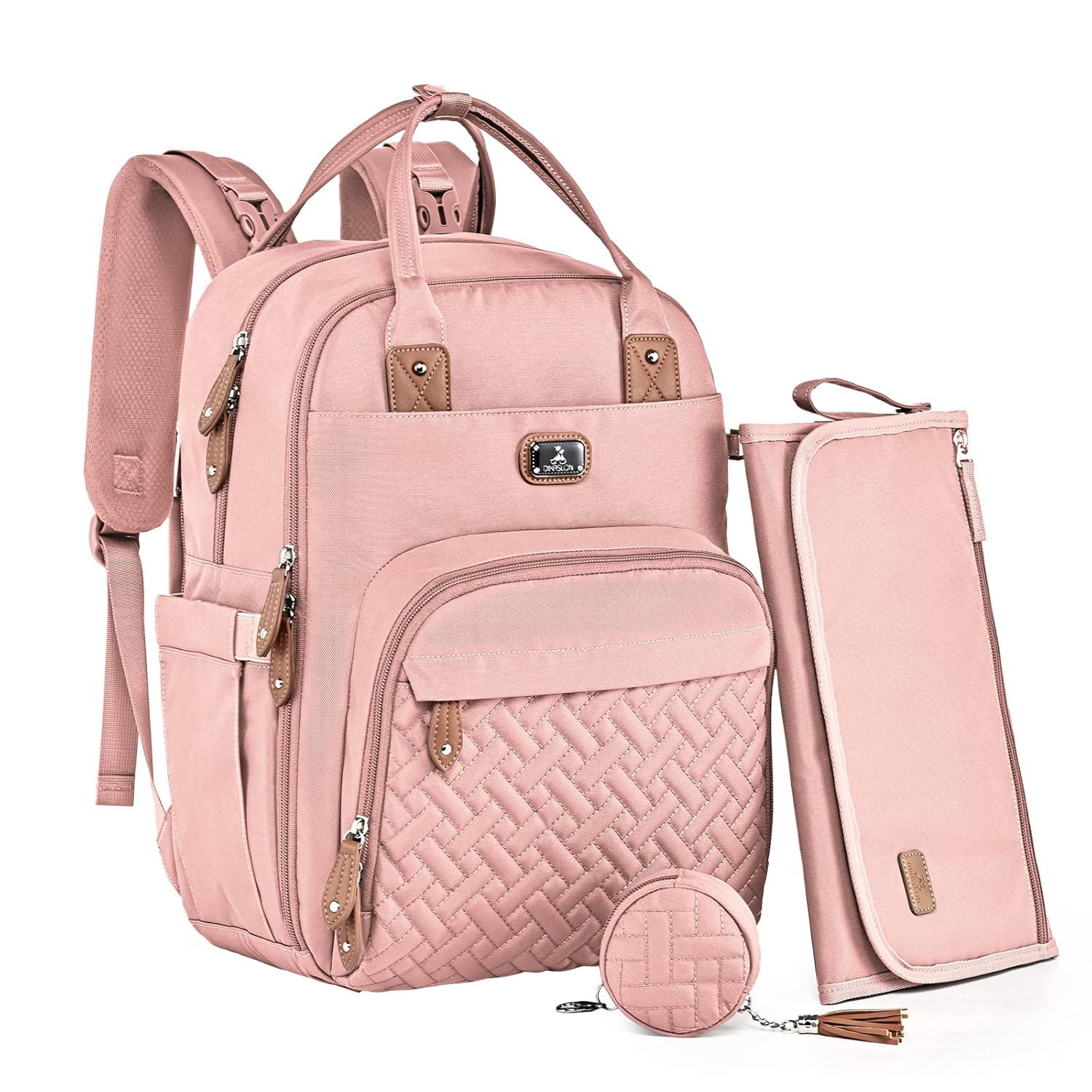 Dikaslon diaper bag backpack with changing pad for easy on-the-go diaper changes.