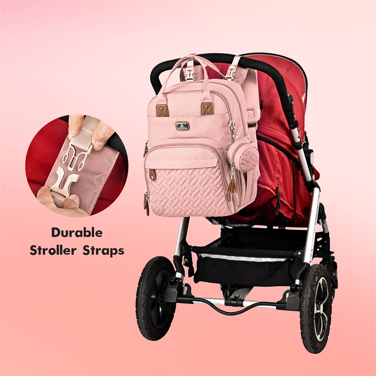 Dikaslon diaper bag with stroller straps enables hands-free transport.
