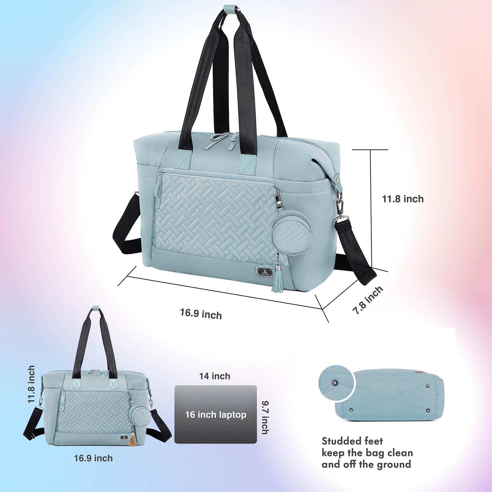 Sturdy studded feet keep the bag clean when placed down.
