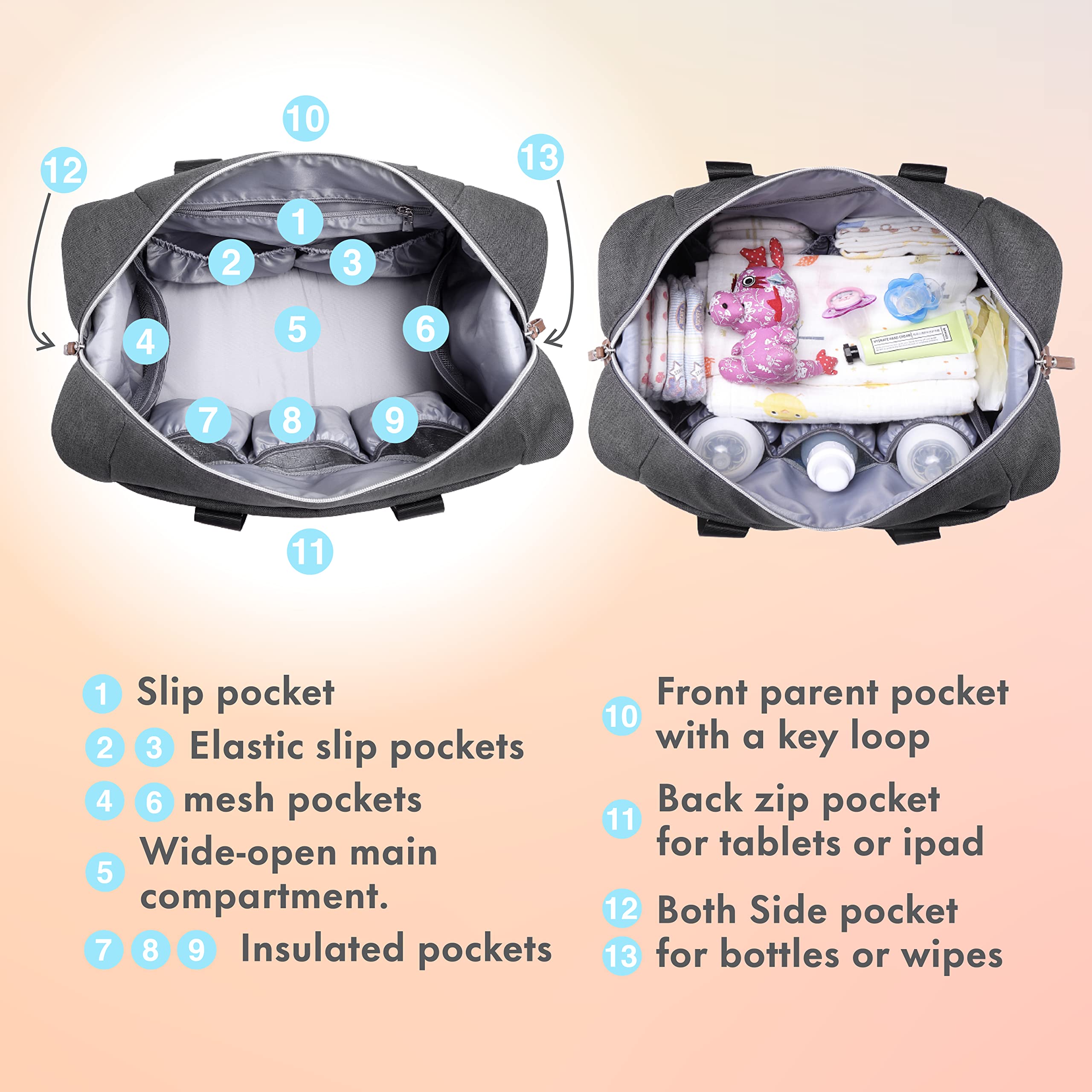 Dikaslon diaper bag tote gray changing pad for on-site changes