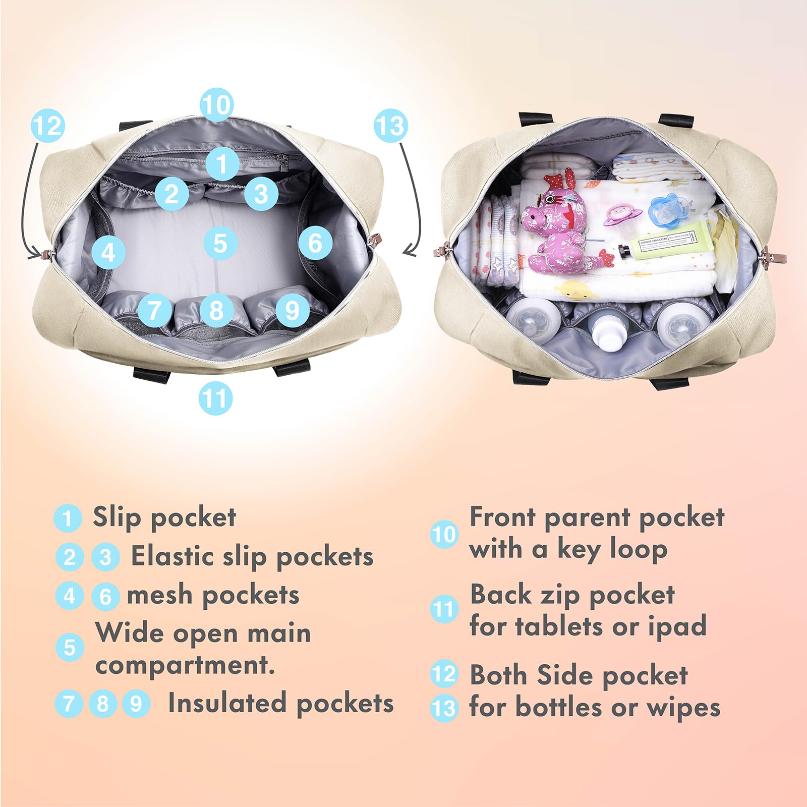 Dikaslon diaper bag tote with insulated pouches to keep bottles at the right temperature