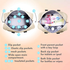 Dikaslon diaper bag tote with insulated pouches to keep bottles at the right temperature