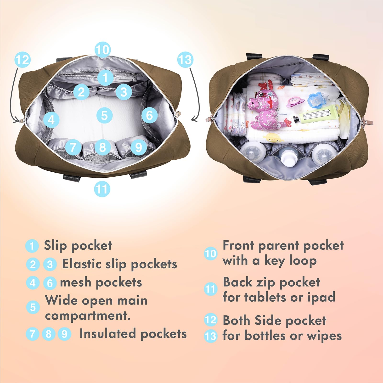 Dikaslon diaper bag with changing pad ready for on-site diaper changes.