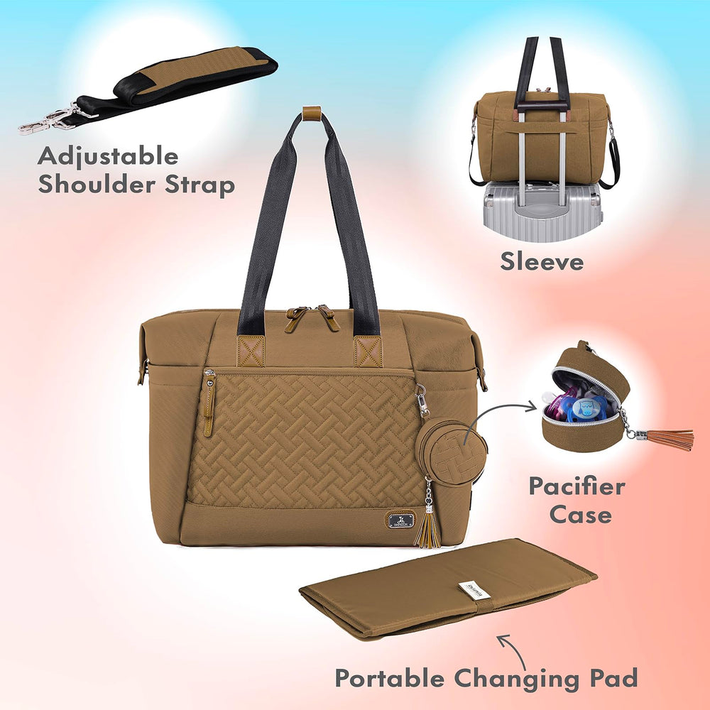 Dikaslon tote interior open, showing organized pockets for bottles, diapers, and wipes.