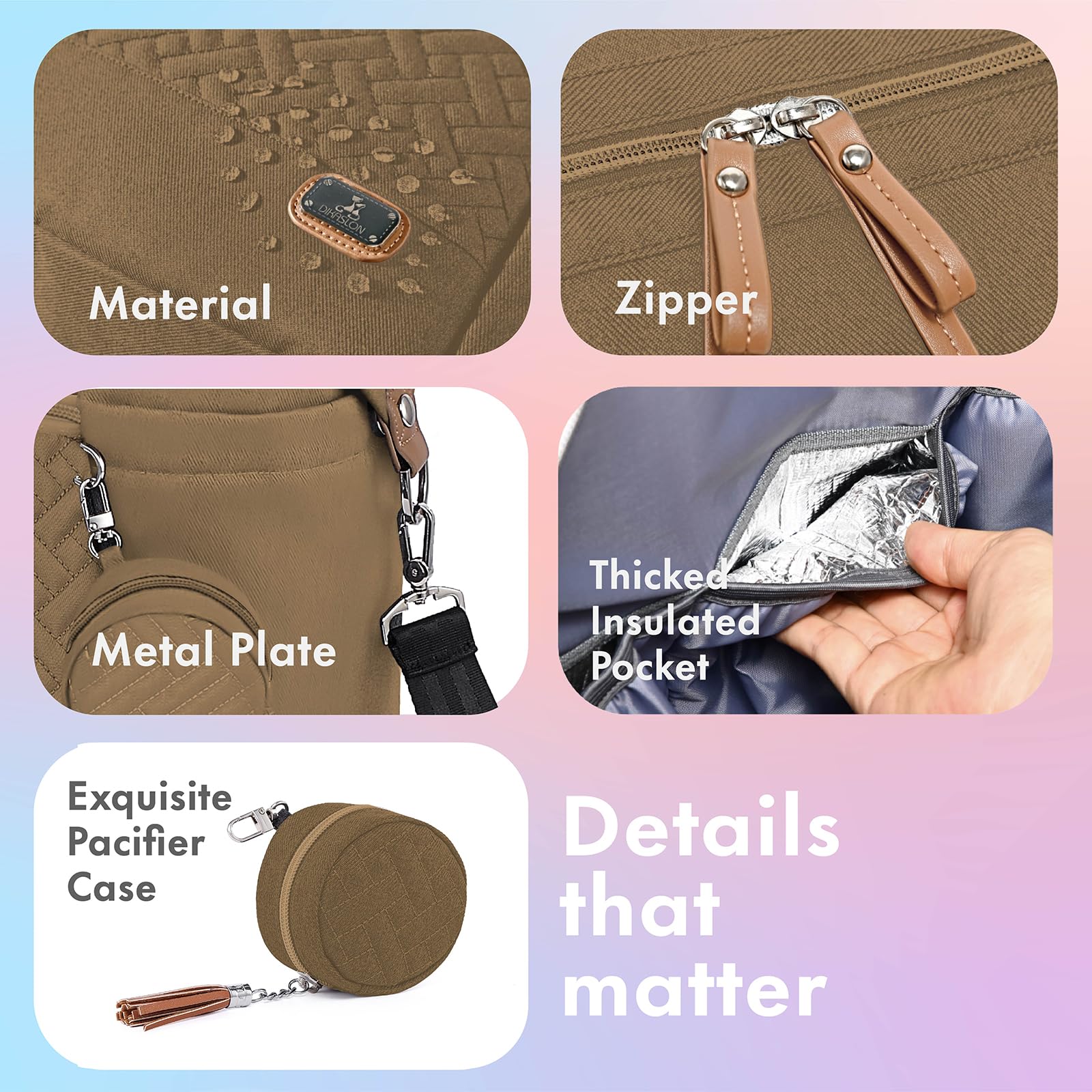 Dikaslon khaki tote with pacifier case attached for quick soothing on the go.
