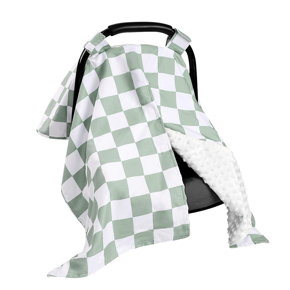 DILIMI baby car seat cover front view in green checkered fabric shields sun and wind